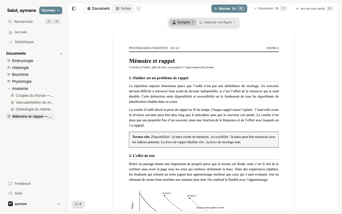 Recall Note en usage : un rail plein de dossiers de cours, un PDF de cours ouvert, et 34 cartes à réviser.